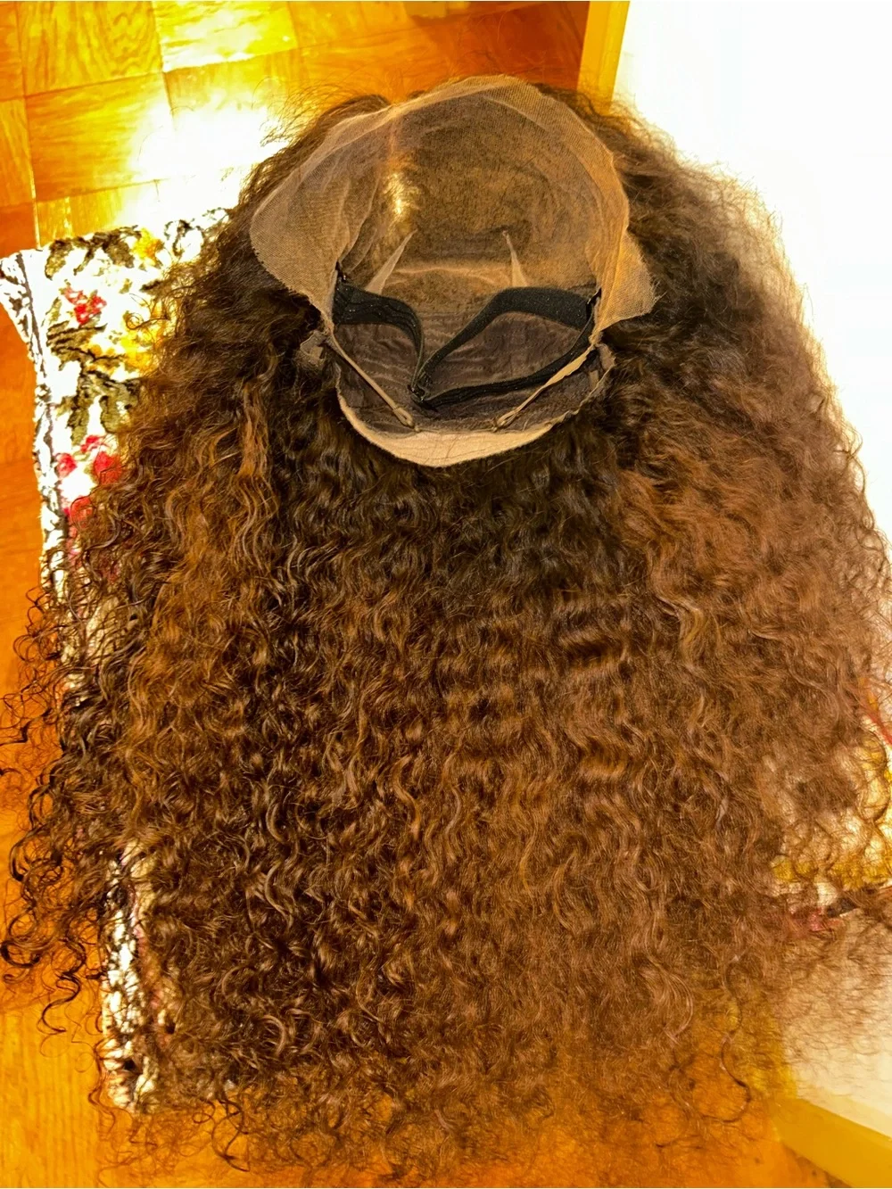 Natural Curly Brown Wig with Honey Blonde Highlights - Unbranded